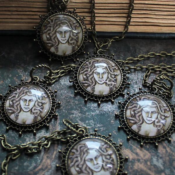 Medusa Glass Bezel Pendant – Brass Necklace